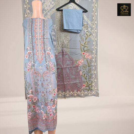 Light Sky Blue Printed Suit Set with Embroidered Neck Work