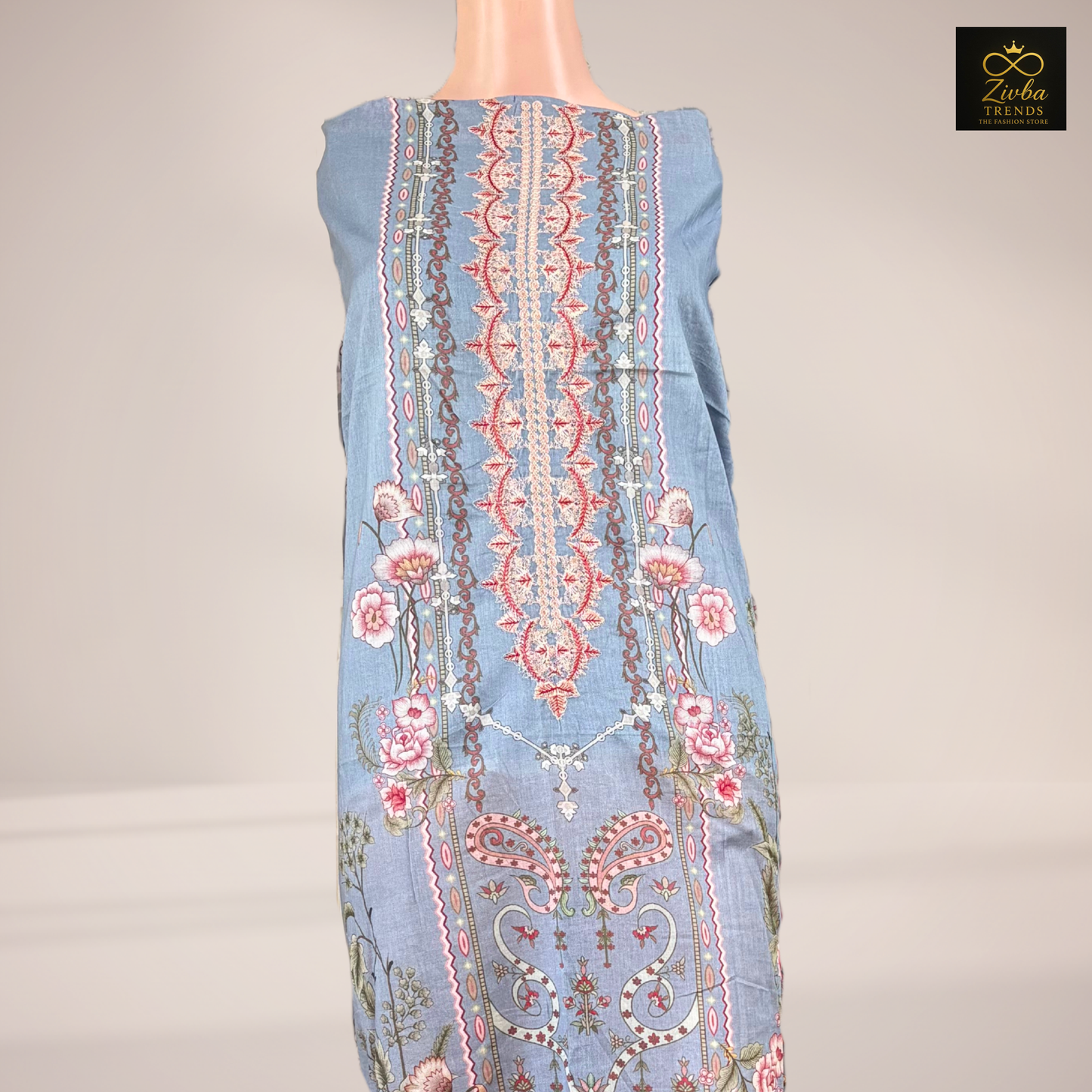 Light Sky Blue Printed Suit Set with Embroidered Neck Work