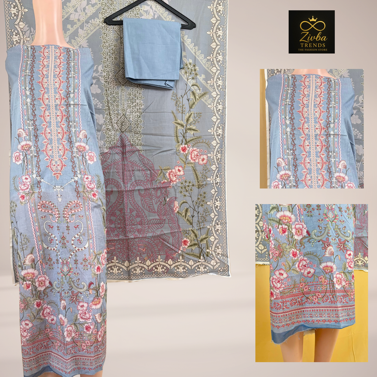 Light Sky Blue Printed Suit Set with Embroidered Neck Work