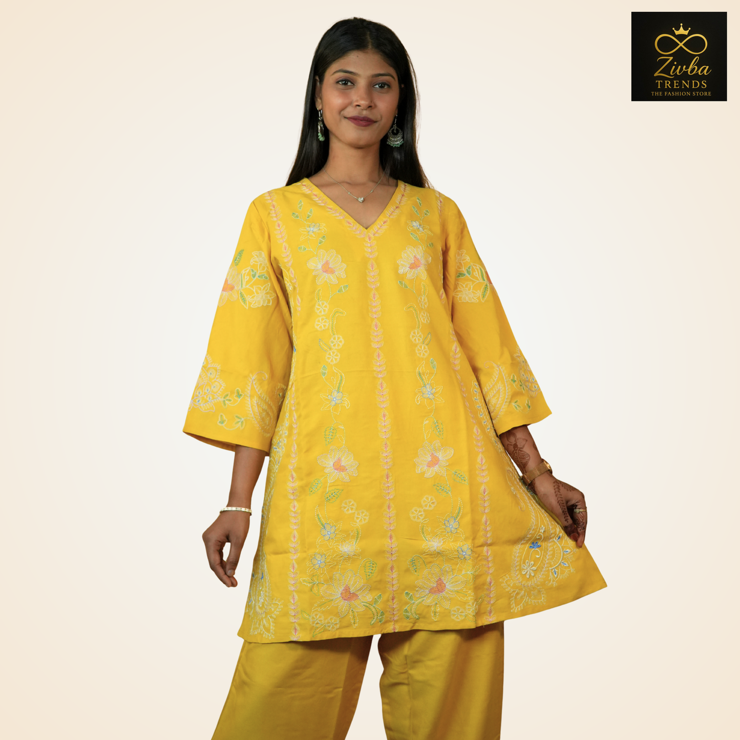 Yellow Multicolour Embroidered Reon Cotton Co-ord Set