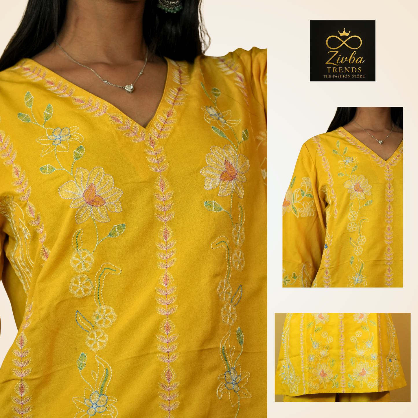 Yellow Multicolour Embroidered Reon Cotton Co-ord Set
