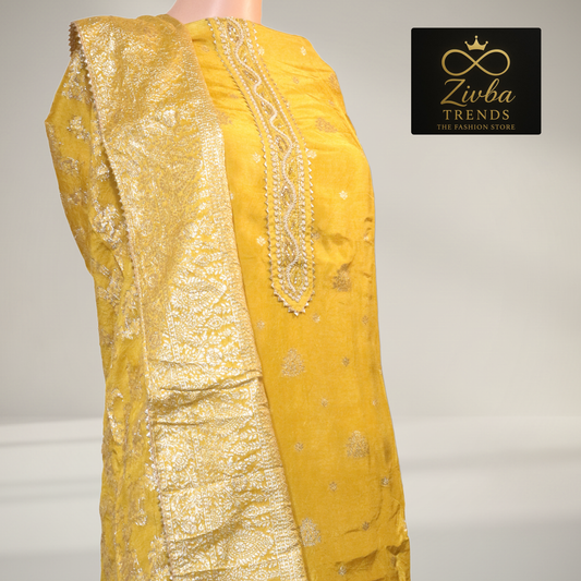 Banarasi Silk Suit Set – Kurta, Dupatta & Plain Bottom