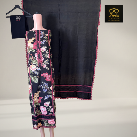 Multi-Colored Floral Printed Suit Set with Handwork Detailing