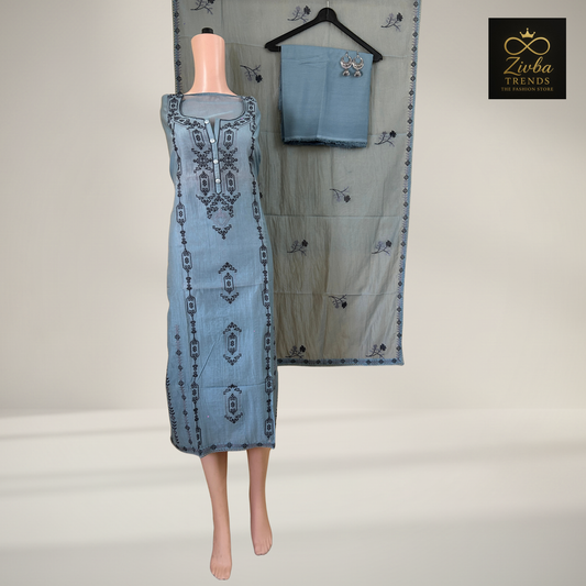 Sky Blue Mul Chanderi Hand-Embroidered Suit Set