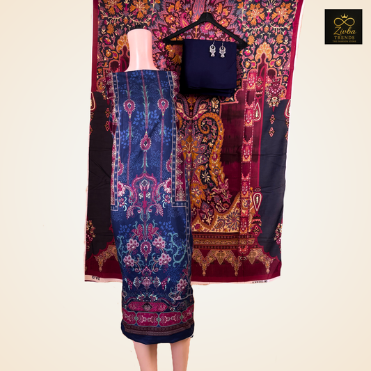 Navy  Blue Printed Suit Set with Elegant Floral Detailing