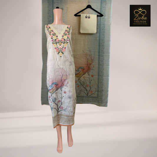 Off-White Kashmiri Embroidered Suit Set with Sky Blue Printed Dupatta