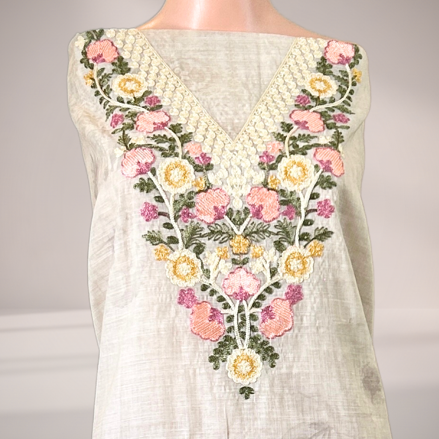 Off-White Kashmiri Embroidered Suit Set with Sky Blue Printed Dupatta