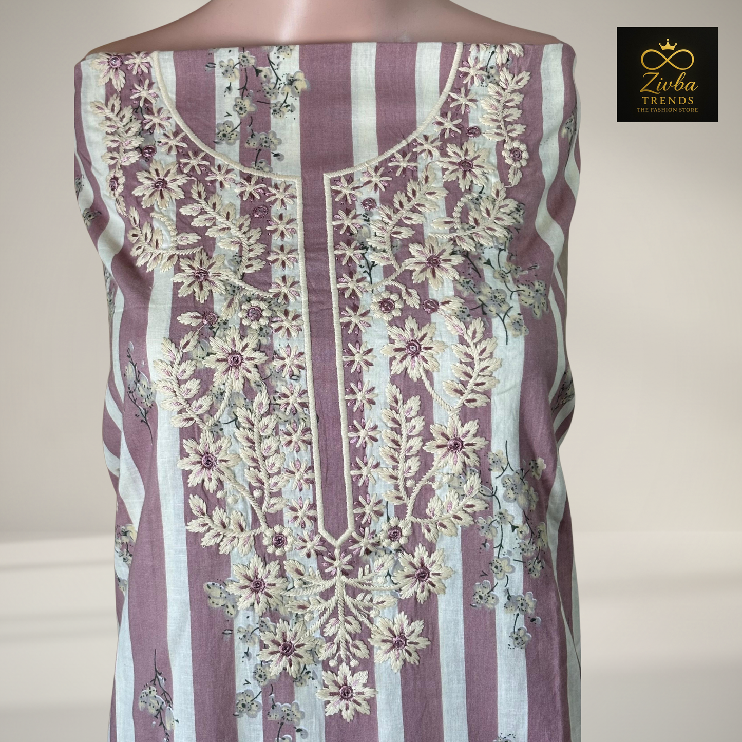 Pink Printed Suit Set with Thread Embroidery