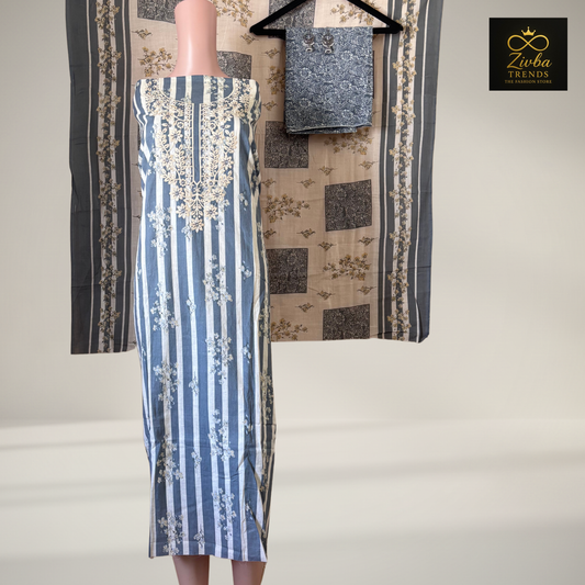 Gray Printed Suit Set with Thread Embroidery