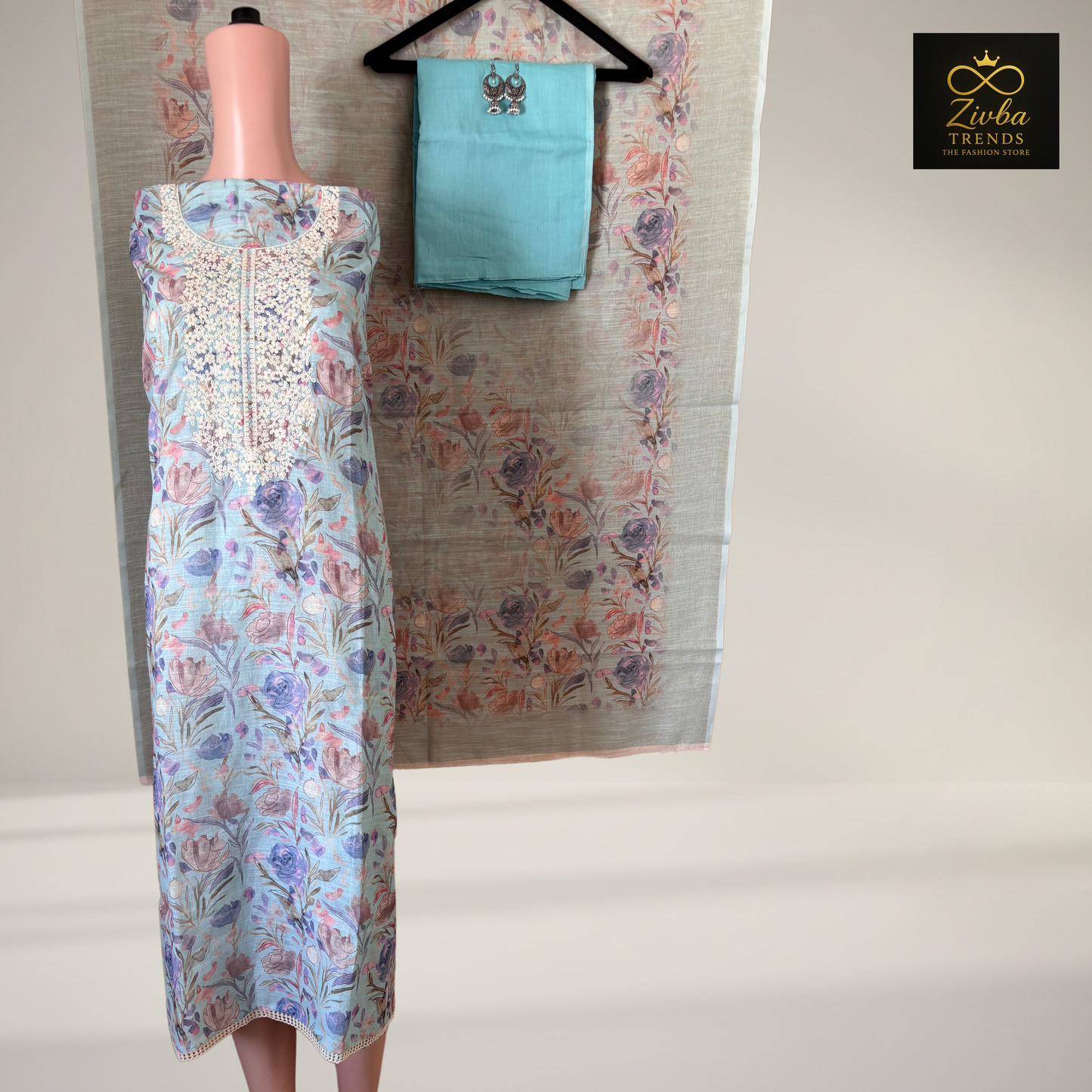 Sky Blue Printed Suit Set with Embroidery Work