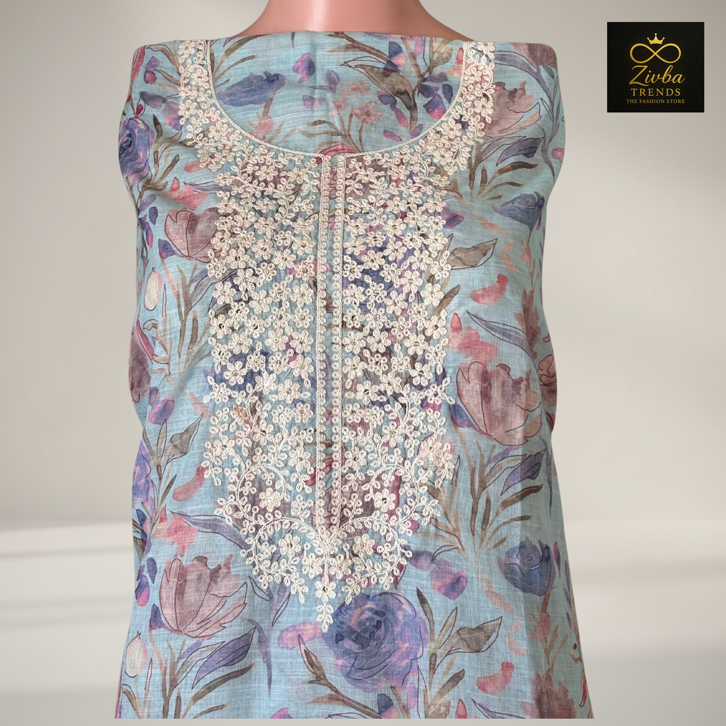 Sky Blue Printed Suit Set with Embroidery Work