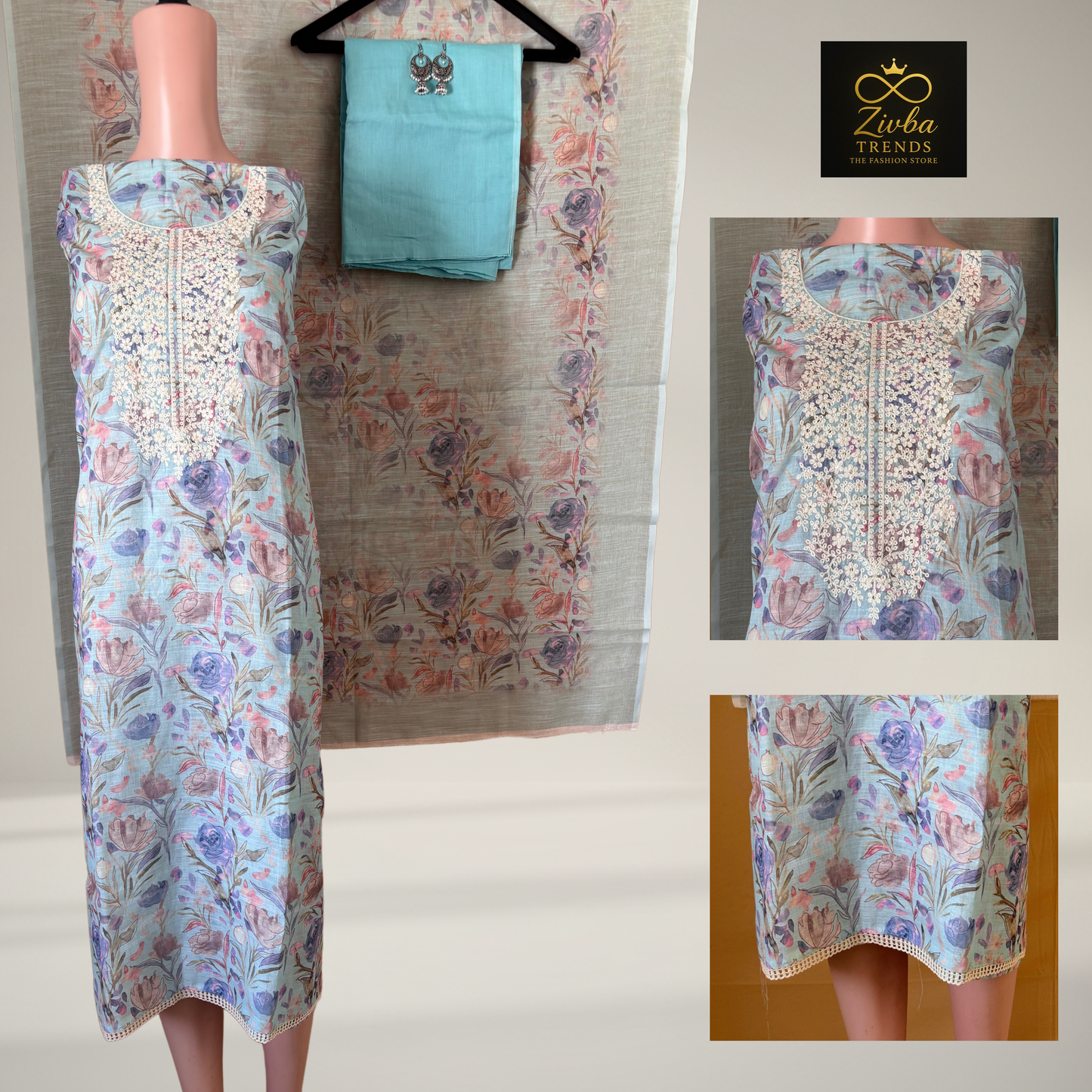 Sky Blue Printed Suit Set with Embroidery Work