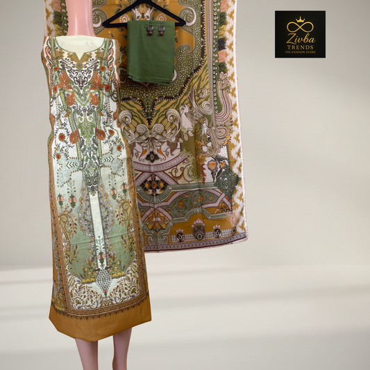 Parrot green  Printed Suit Set with Elegant Floral Detailing