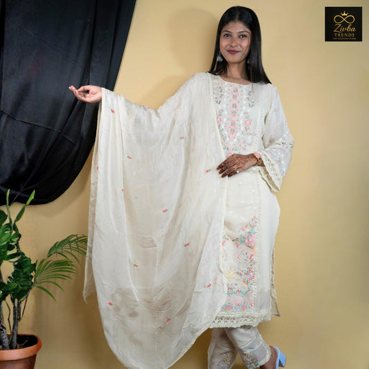 Off White Pure Muls cotton Thread Work Set