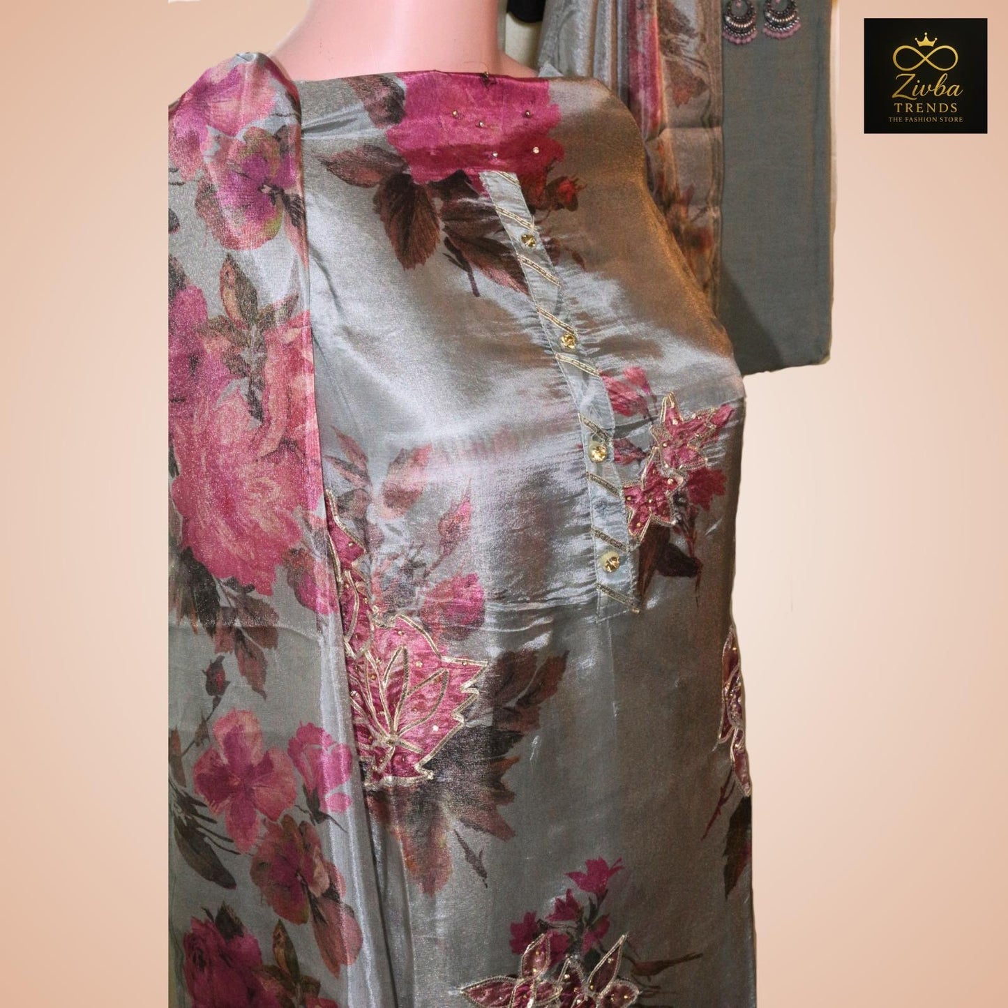 Printed Gray Gota Work Tussle Fabric Suit Set