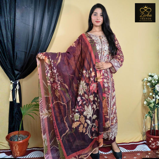 Maroon Embroidered Printed Kurta Set with Dupatta