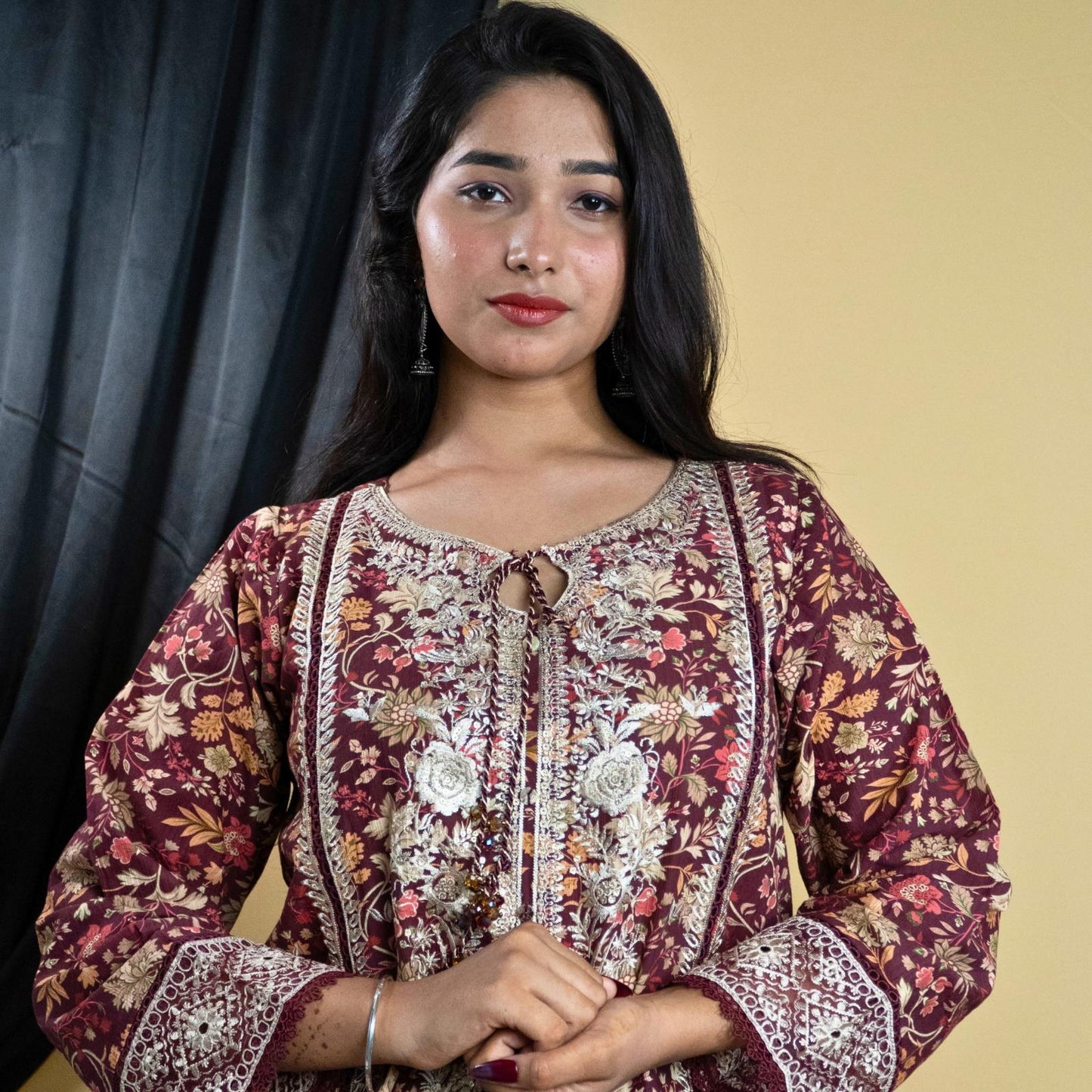 Maroon Embroidered Printed Kurta Set with Dupatta