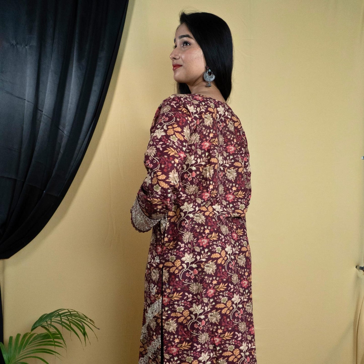 Maroon Embroidered Printed Kurta Set with Dupatta