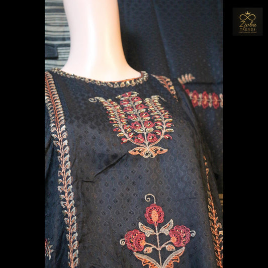 Black Kashmiri Embroidered Semi-Stitched Suit Set