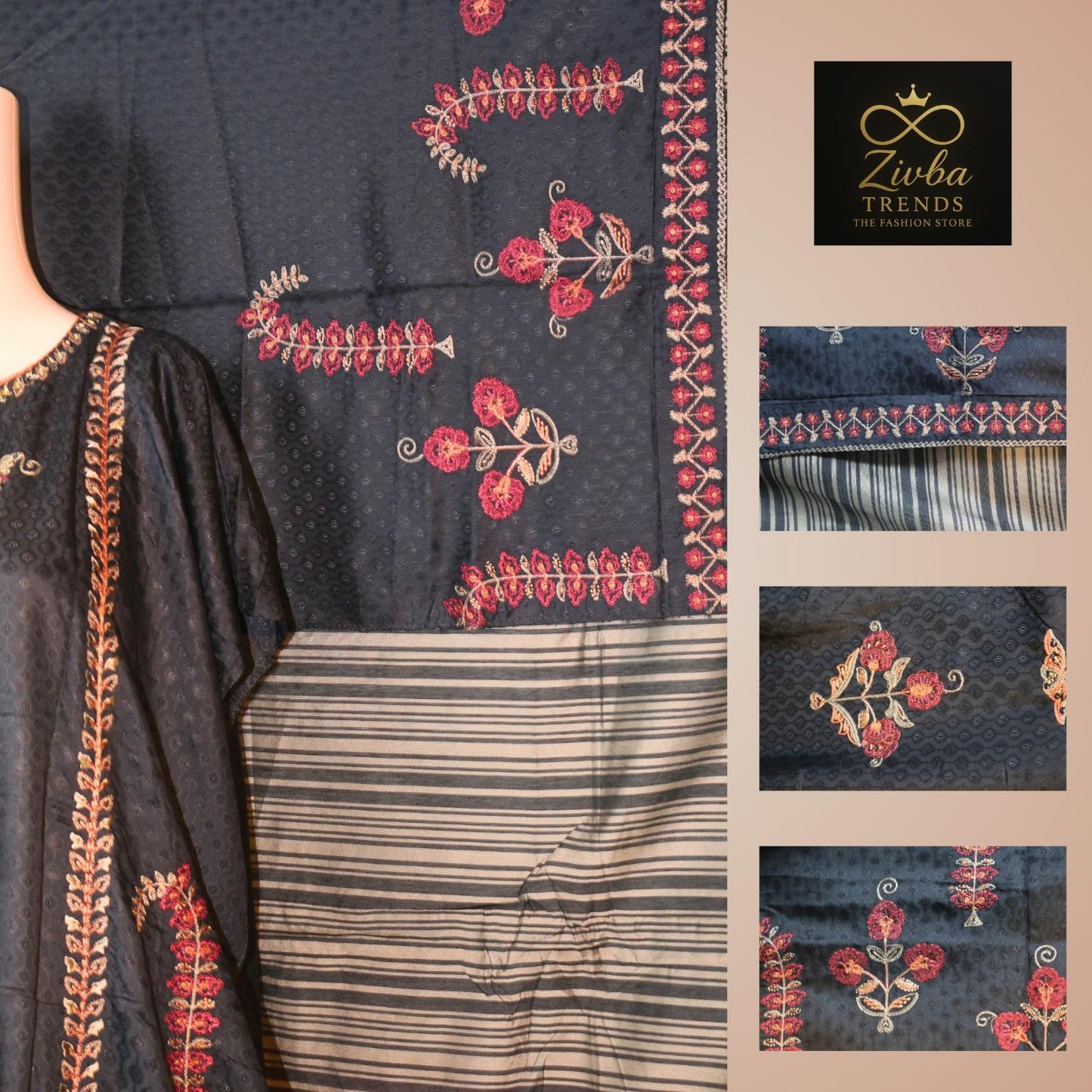 Black Kashmiri Embroidered Semi-Stitched Suit Set