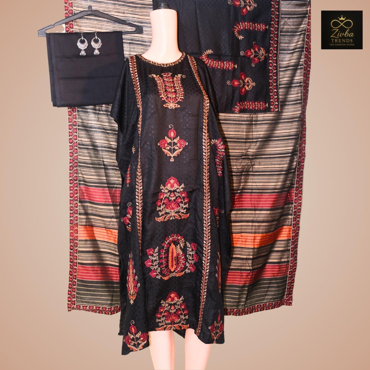 Black Kashmiri Embroidered Semi-Stitched Suit Set