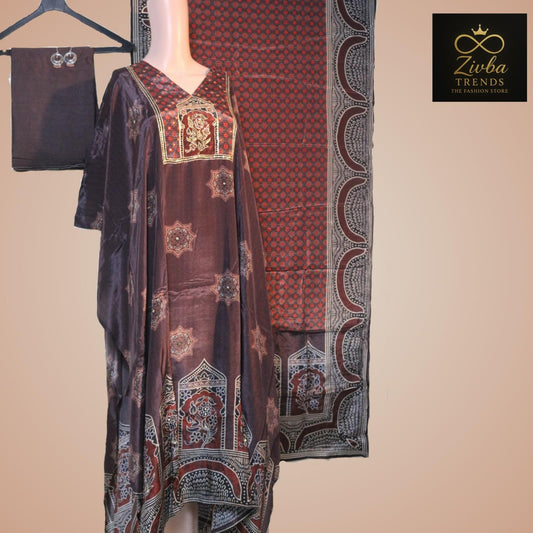 Brown Crepe Printed Suit Set with Hand Embroidery and Tassel Dupatta
