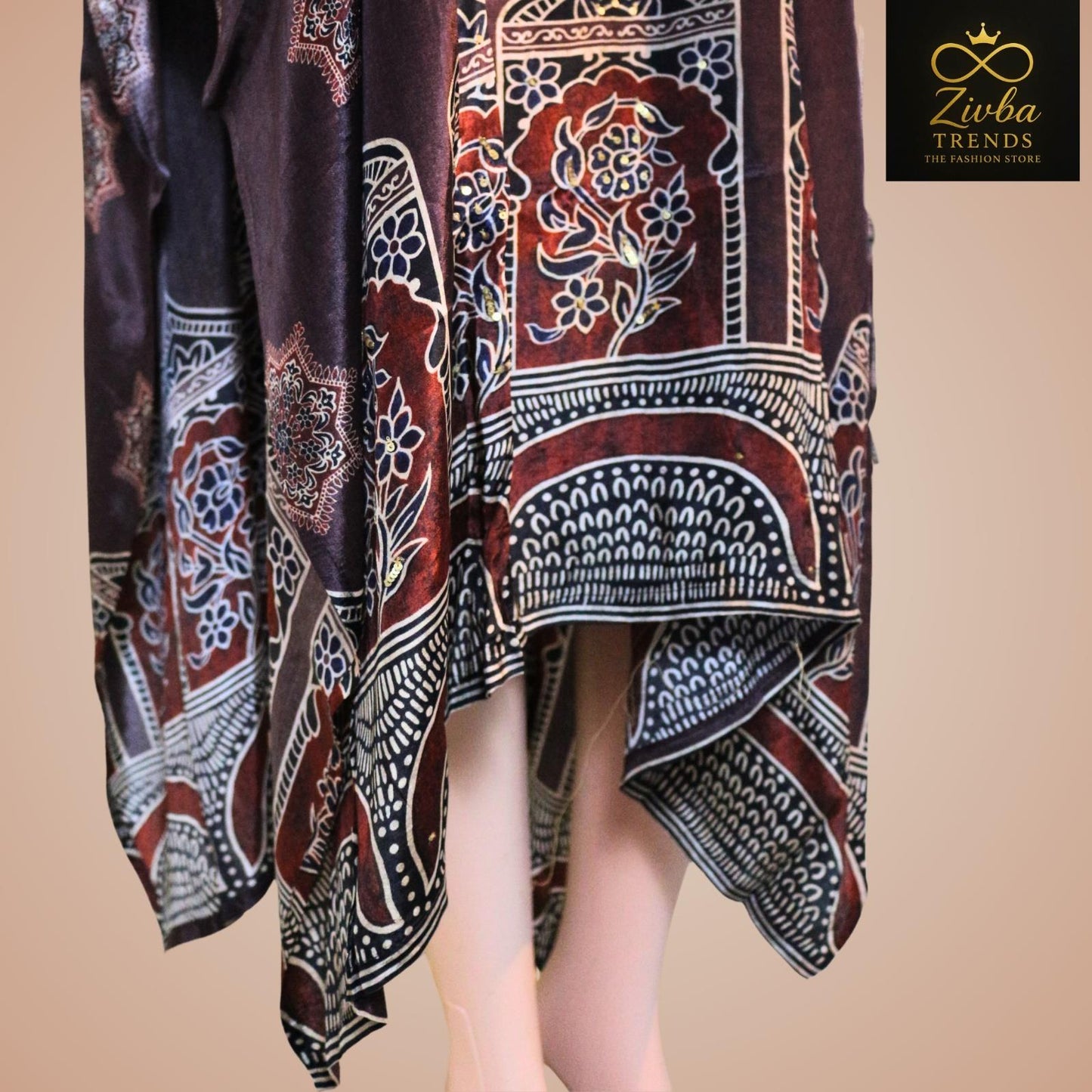 Brown Crepe Printed Suit Set with Hand Embroidery and Tassel Dupatta