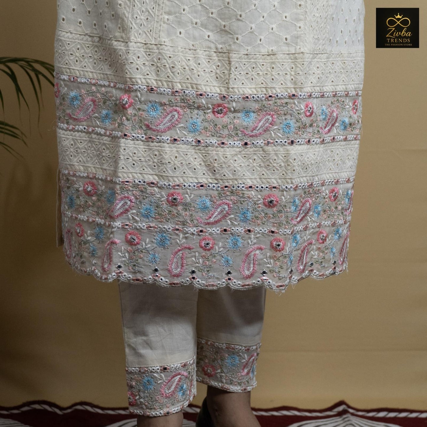 Off White Cotton Chikankari Cutwork Readymade Set