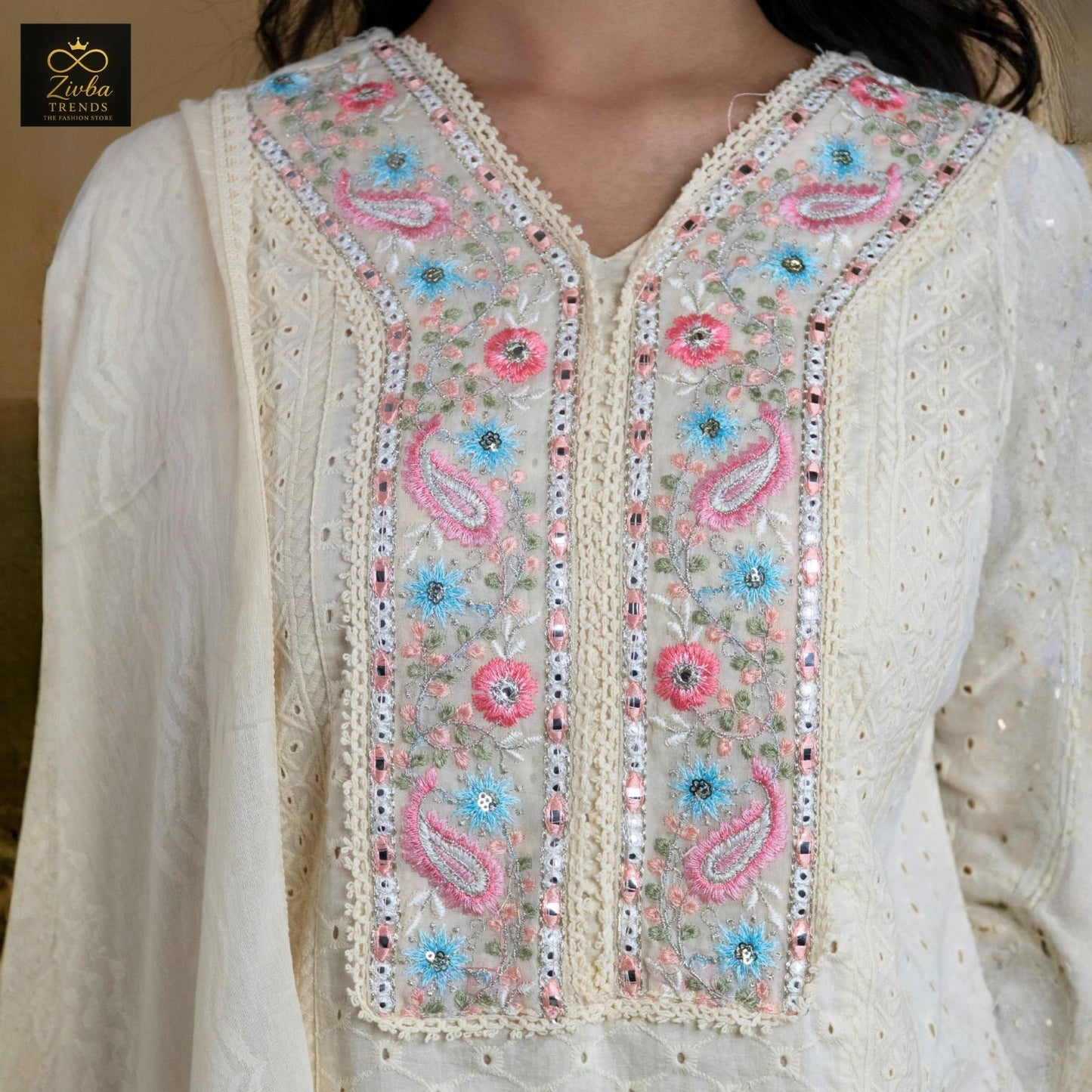 Off White Cotton Chikankari Cutwork Readymade Set